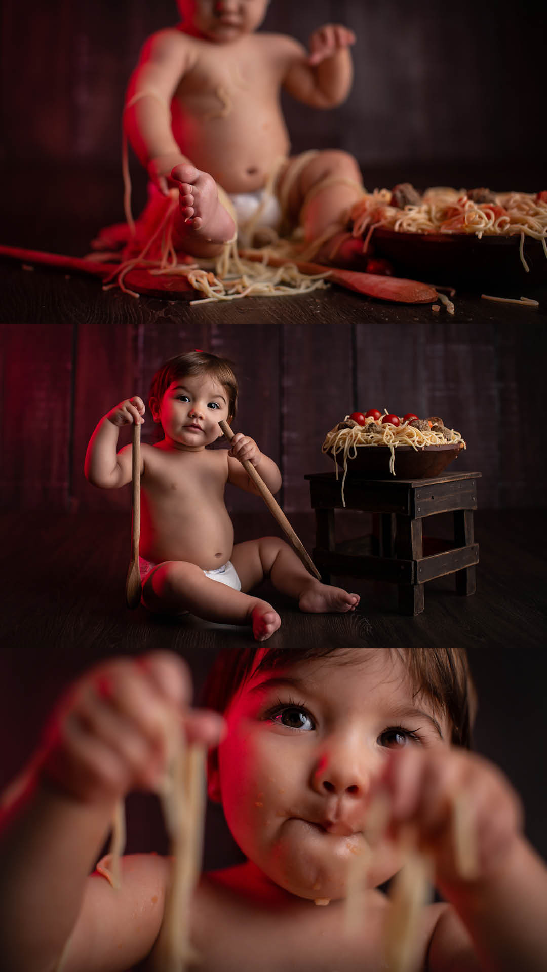 ensaio de bebe menina comendo macarrao fotografia 9 meses