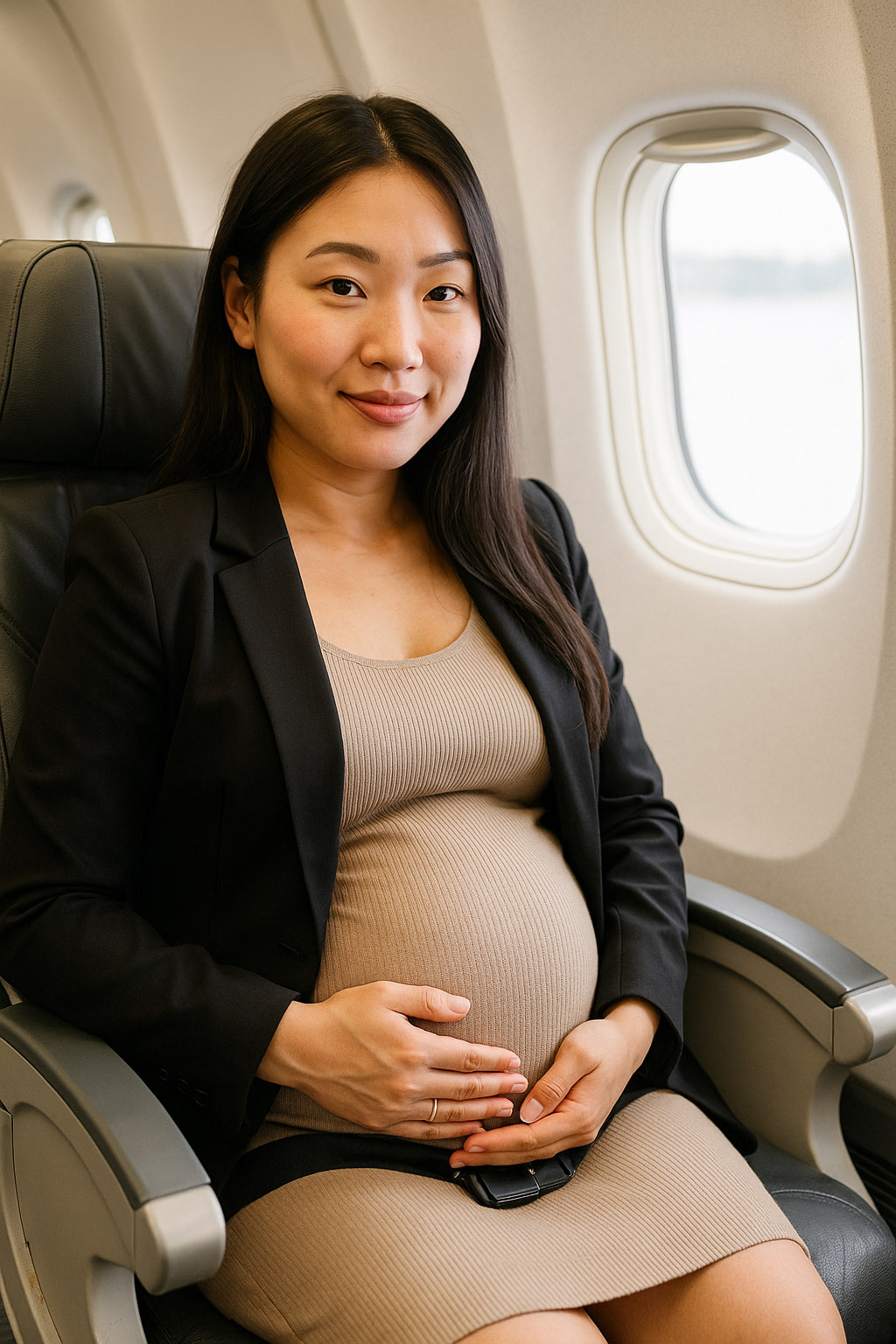 Imagem gerada por IA gestante gravida mulher asiatica voando aviao