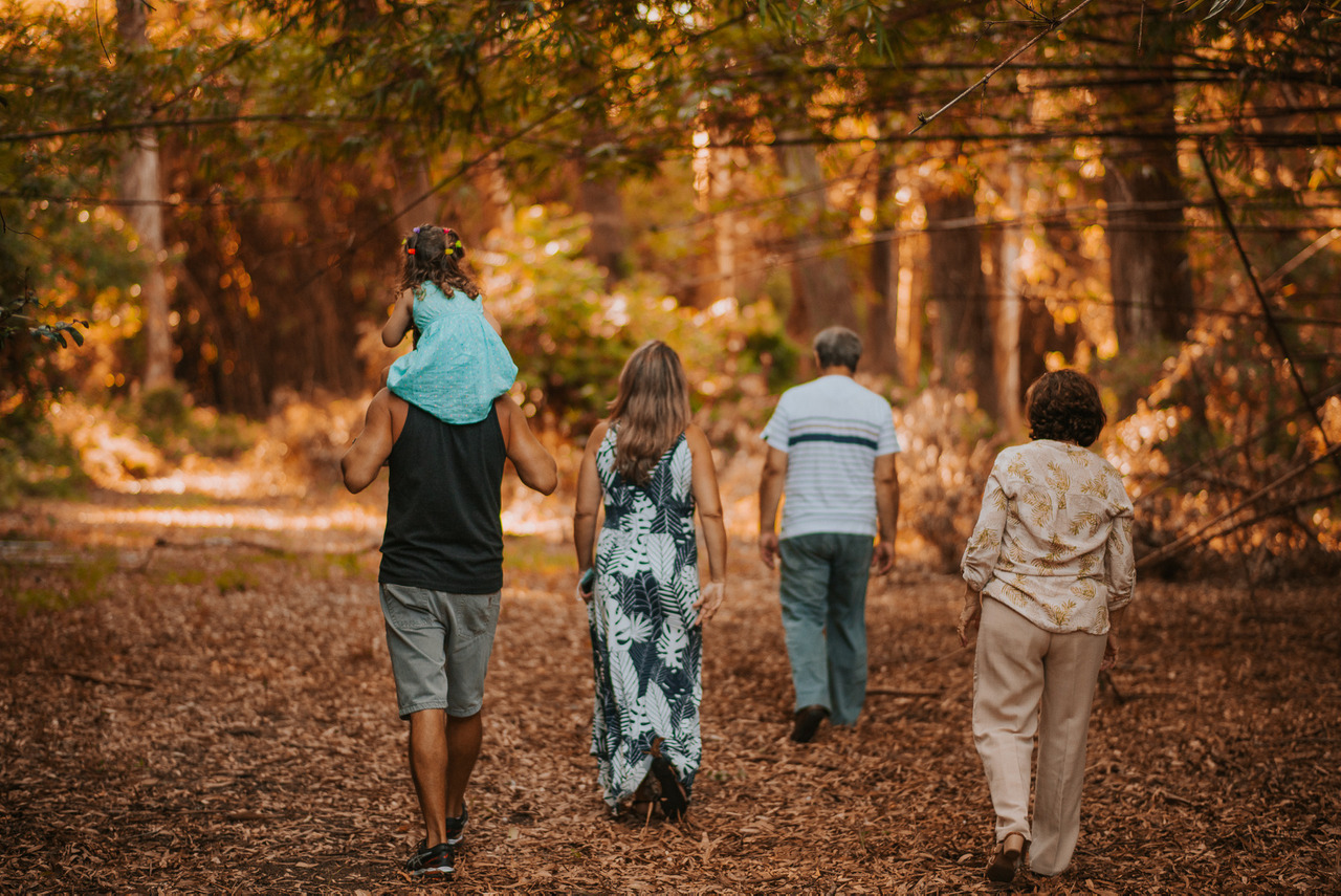 registro de uma fotografia de uma família caminhando em meio a mata