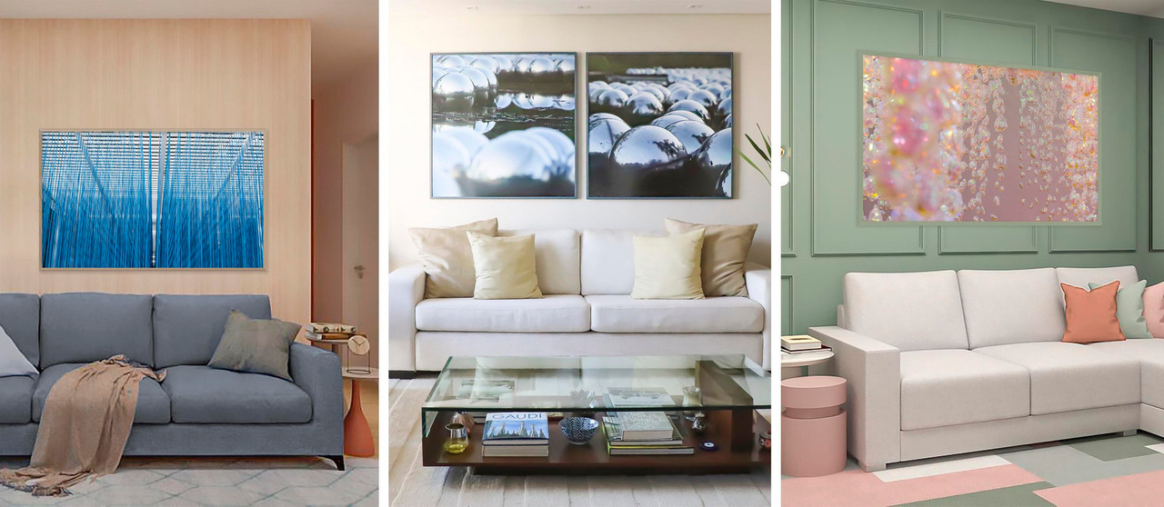 sala de estar moderna com quadros decorativos abstratos