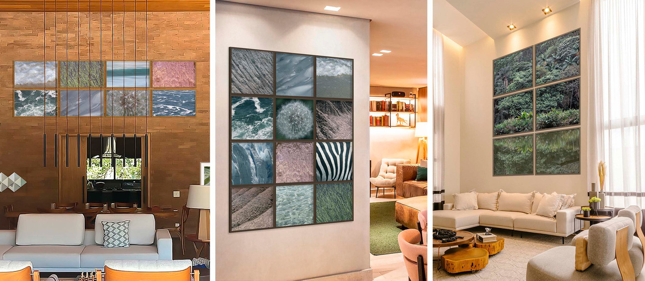 composição de quadros decorativos para pé-direito duplo e sala de estar