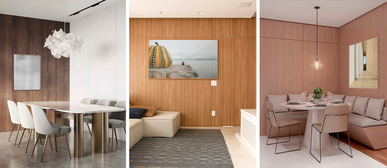 quadros para sala de jantar com painel de madeira