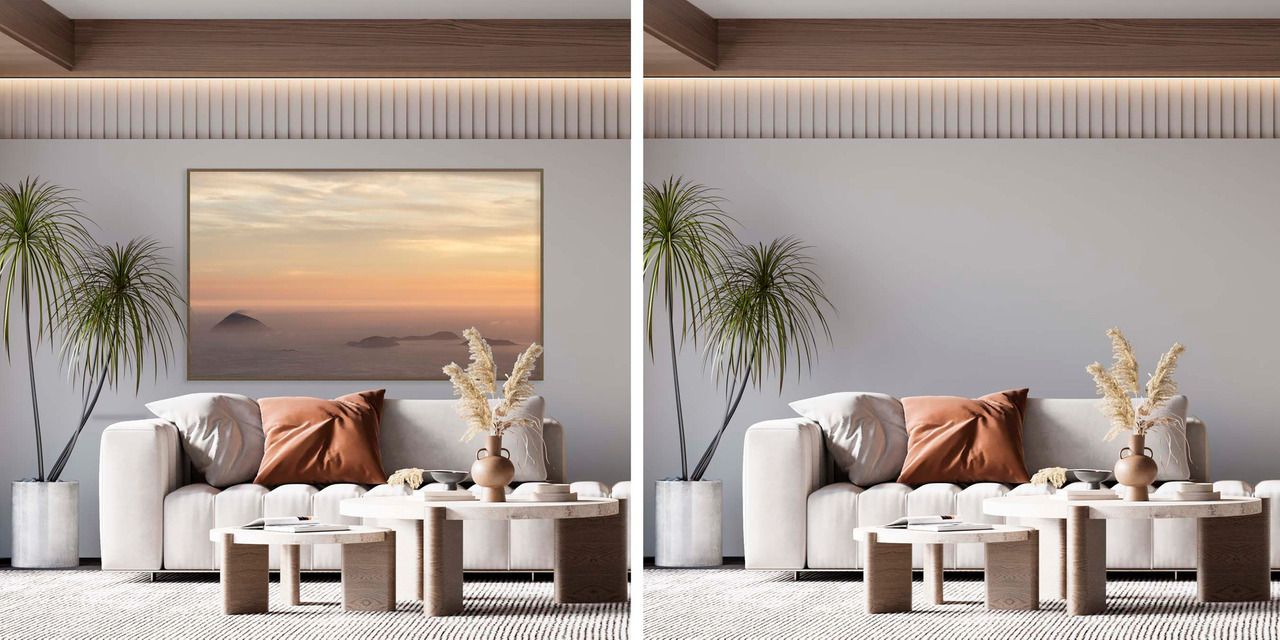 antes e depois: sala moderna com quadro de foto de mar