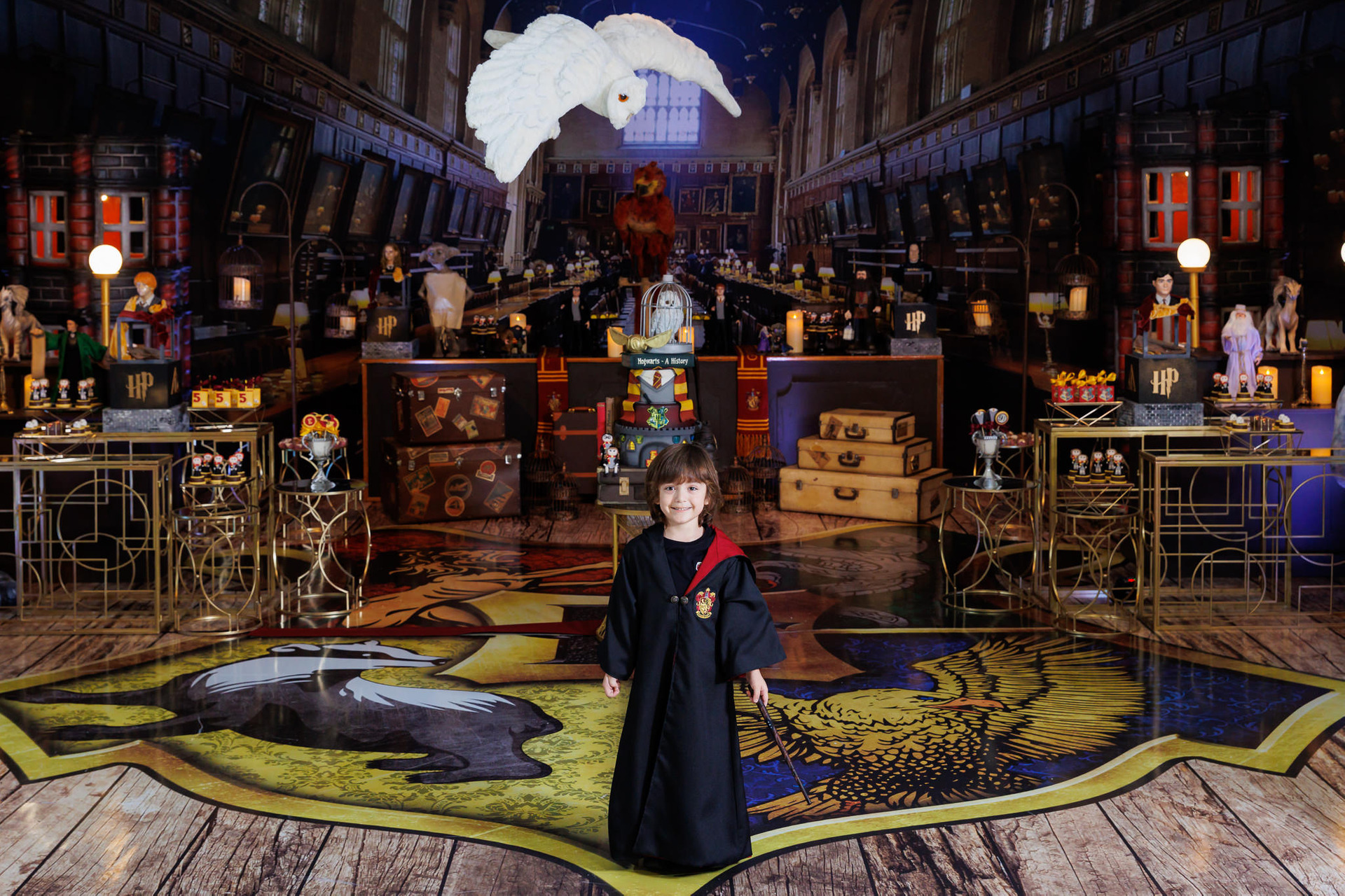 Fotografia de festa temática em Vinhedo - menino com fantasia de Harry Potter em cenário decorado de Hogwarts