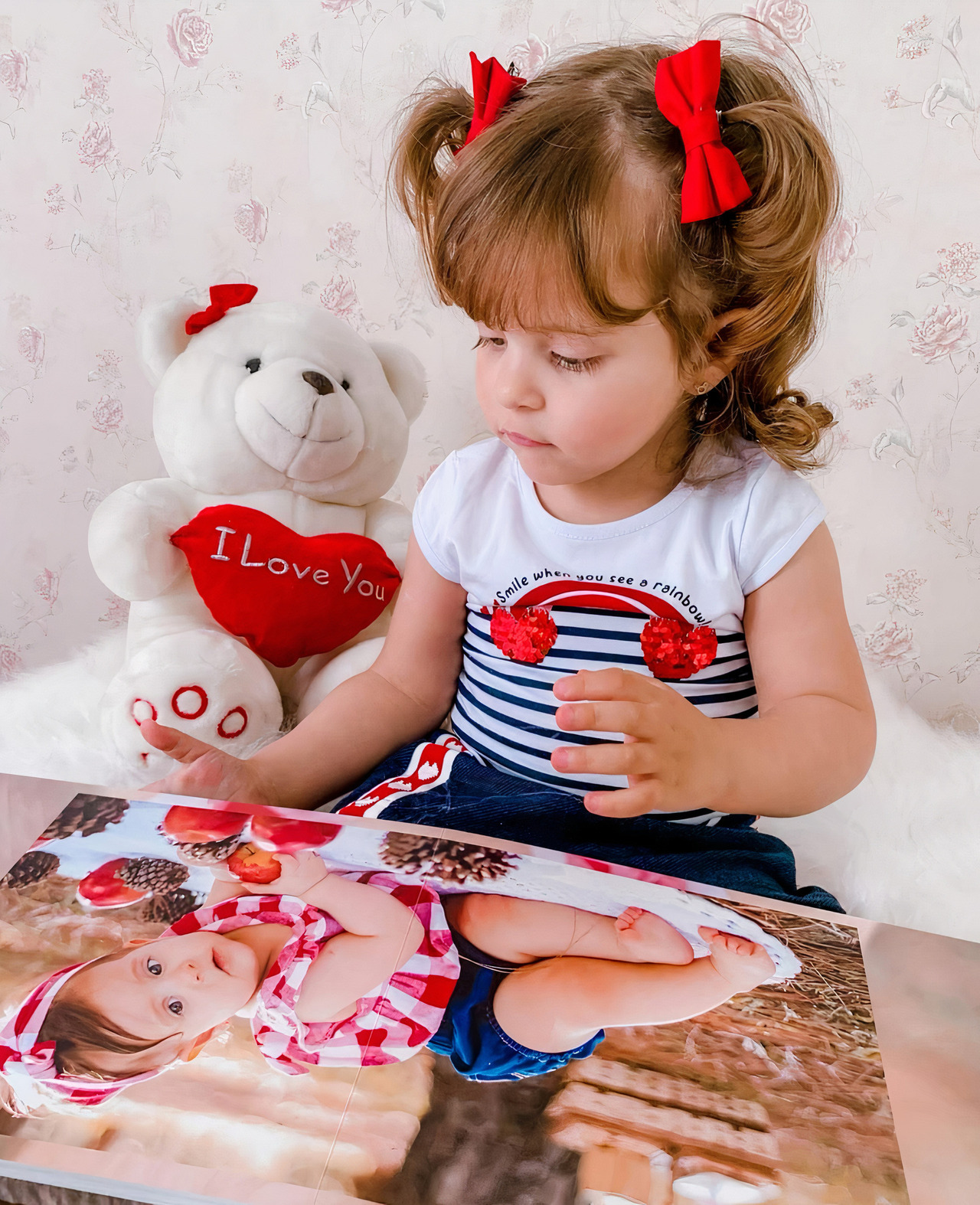 Laura (2 anos) vendo seu álbum de acompanhamento mensal do 1º aninho