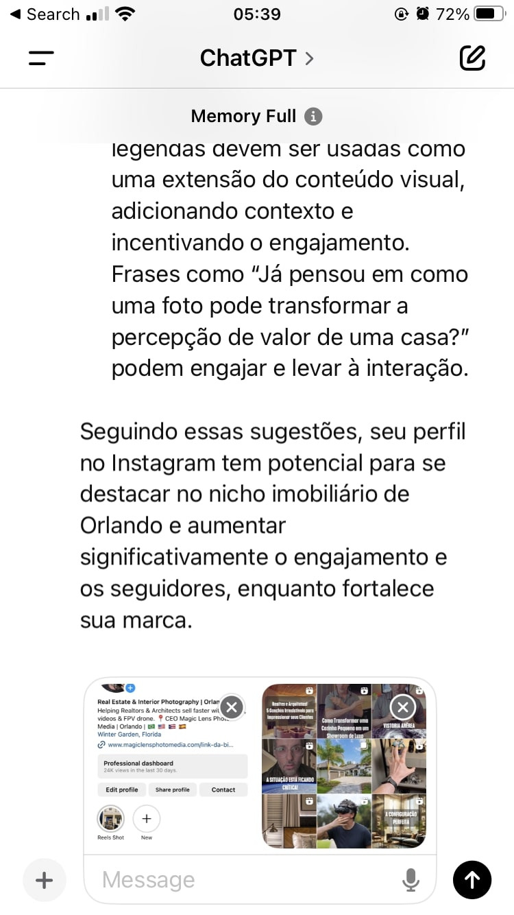 ChatGPT, análise de perfil, Instagram, otimização de resultados, engajamento, marketing digital, crescimento no Instagram, comunicação eficaz, bio atrativa e conteúdo de qualidade. Já as palavras-chave de cauda longa são: como usar o ChatGPT para analisar seu perfil no Instagram, estratégias para otimizar resultados no Instagram com inteligência artificial, melhores práticas para aumentar o engajamento no Instagram, dicas de marketing digital para perfis de Instagram, análise de perfil no Instagram usando ChatGPT, como criar uma bio atrativa e eficaz no Instagram, a importância da análise contínua para o crescimento no Instagram, ferramentas de IA para otimizar seu perfil no Instagram, como melhorar a comunicação do seu perfil no Instagram e passo a passo para usar o ChatGPT na análise de perfis de redes sociais.