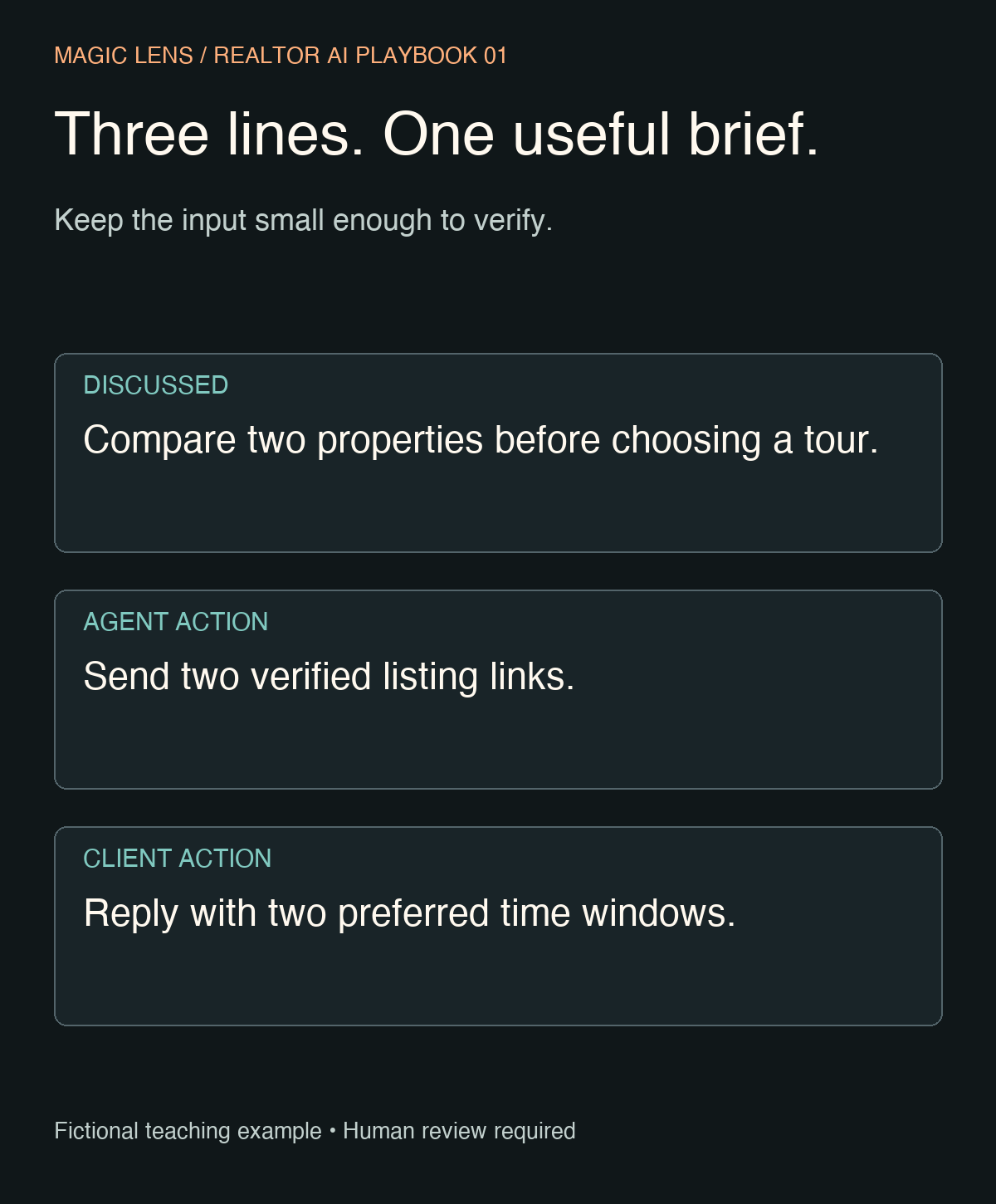 Fictional consultation brief: compare two properties, send verified links and request two time windows.