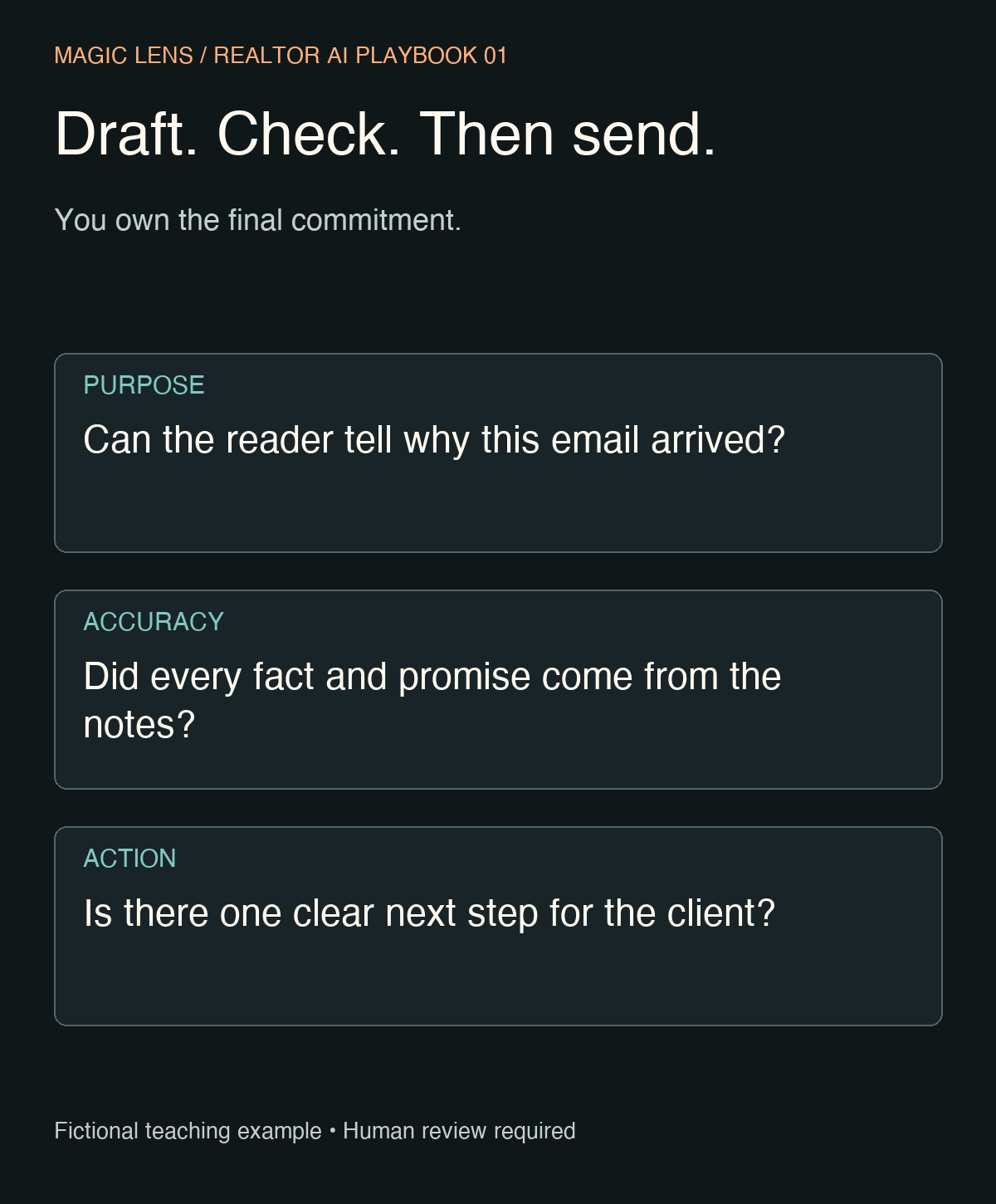 Review the email for a clear purpose, accurate facts and one next action.