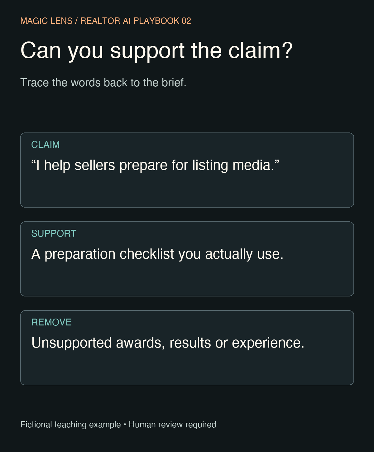Claim support example: helping sellers prepare for media is supported by a checklist the agent actually uses