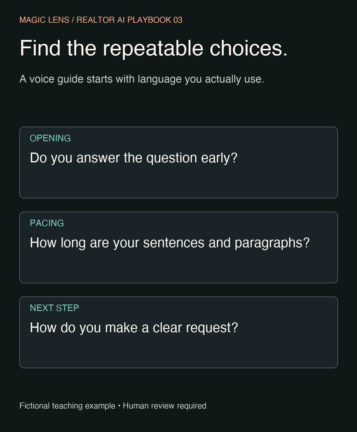 Three observable voice signals: how you open, your sentence and paragraph pacing, and how you request a next step