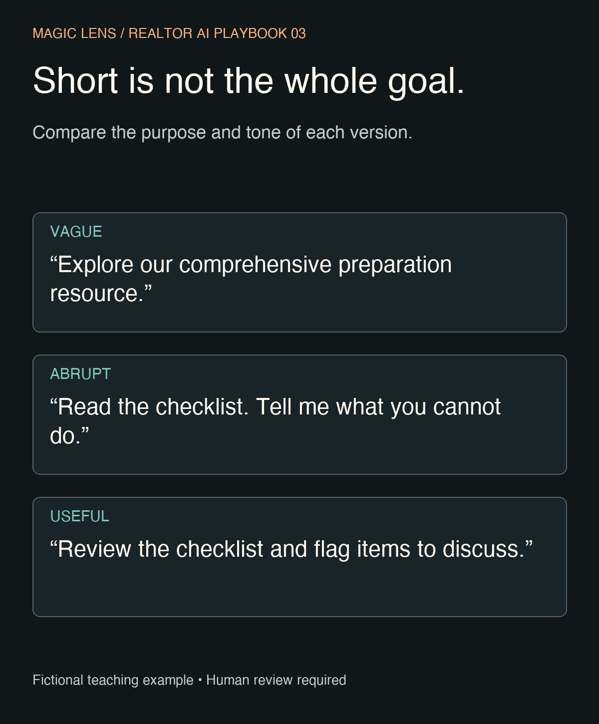 Three fictional messages compared: vague wording, an abrupt instruction, and a clear invitation to review a checklist