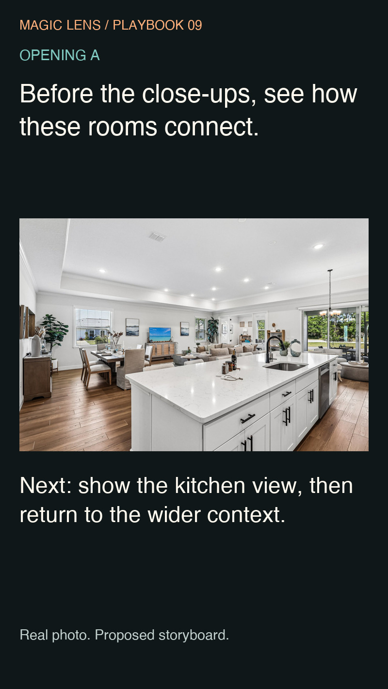 Opening A uses a real wide kitchen, living and dining photograph to introduce the connection between areas.
