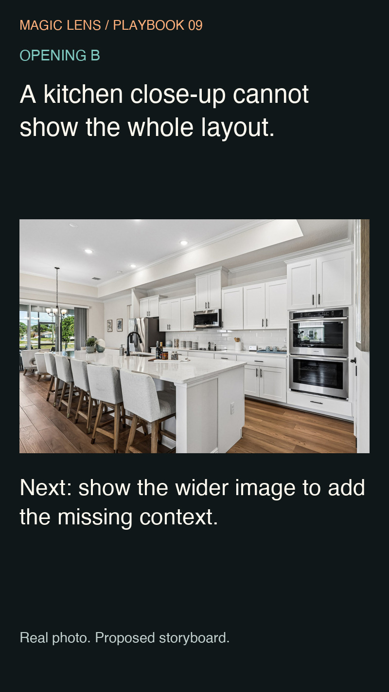 Opening B uses the kitchen photograph before introducing a wider contextual view.