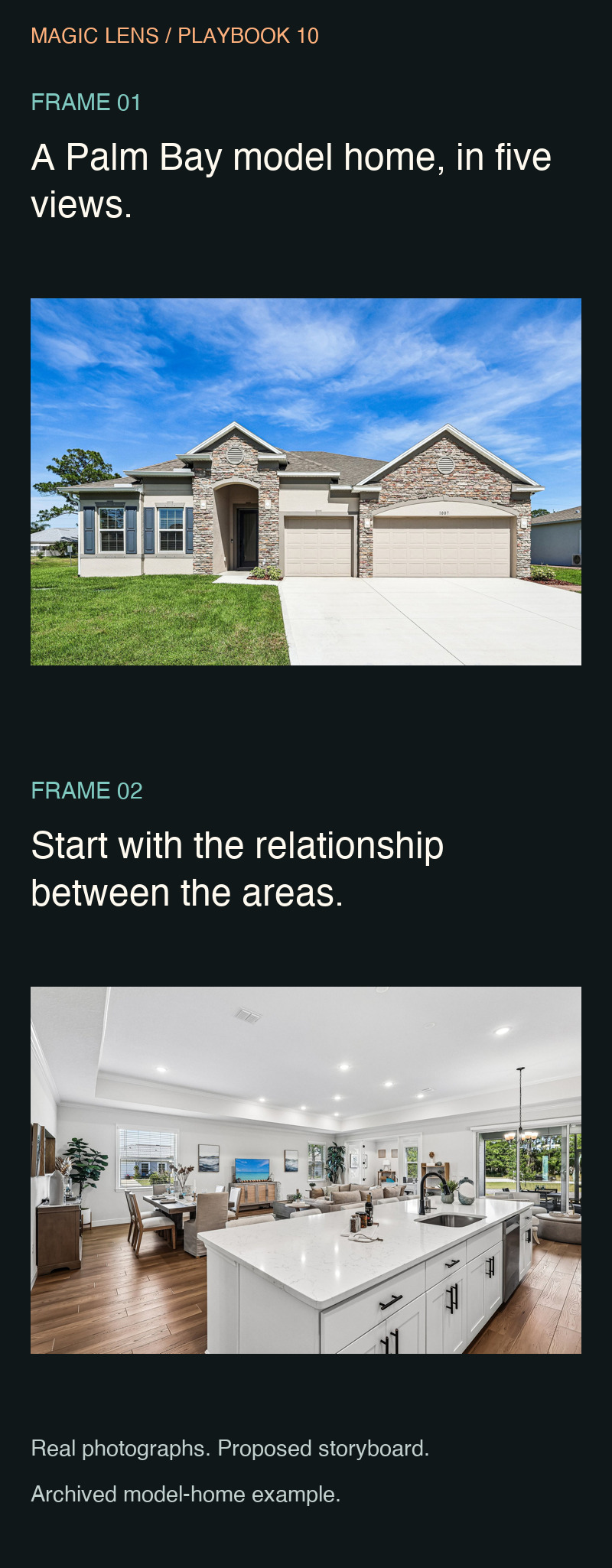 Storyboard frames one and two use real exterior and wide interior photographs from the Palm Bay model home.