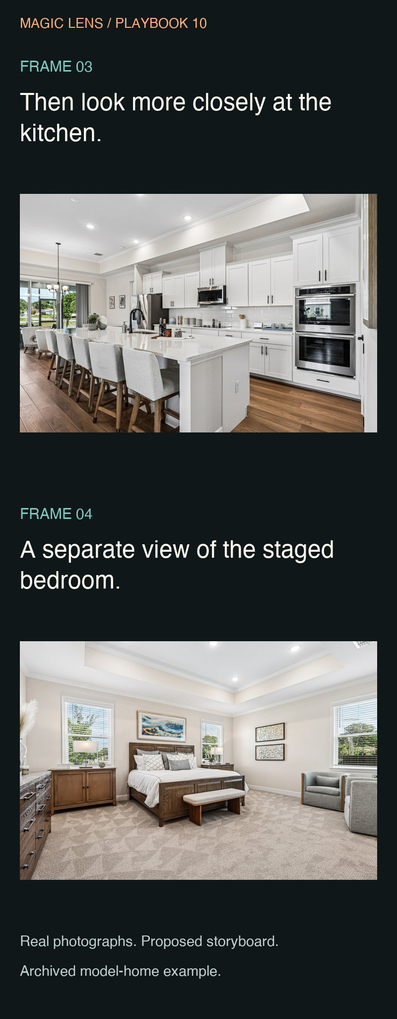 Storyboard frames three and four show the kitchen and staged bedroom with concise on-screen text.