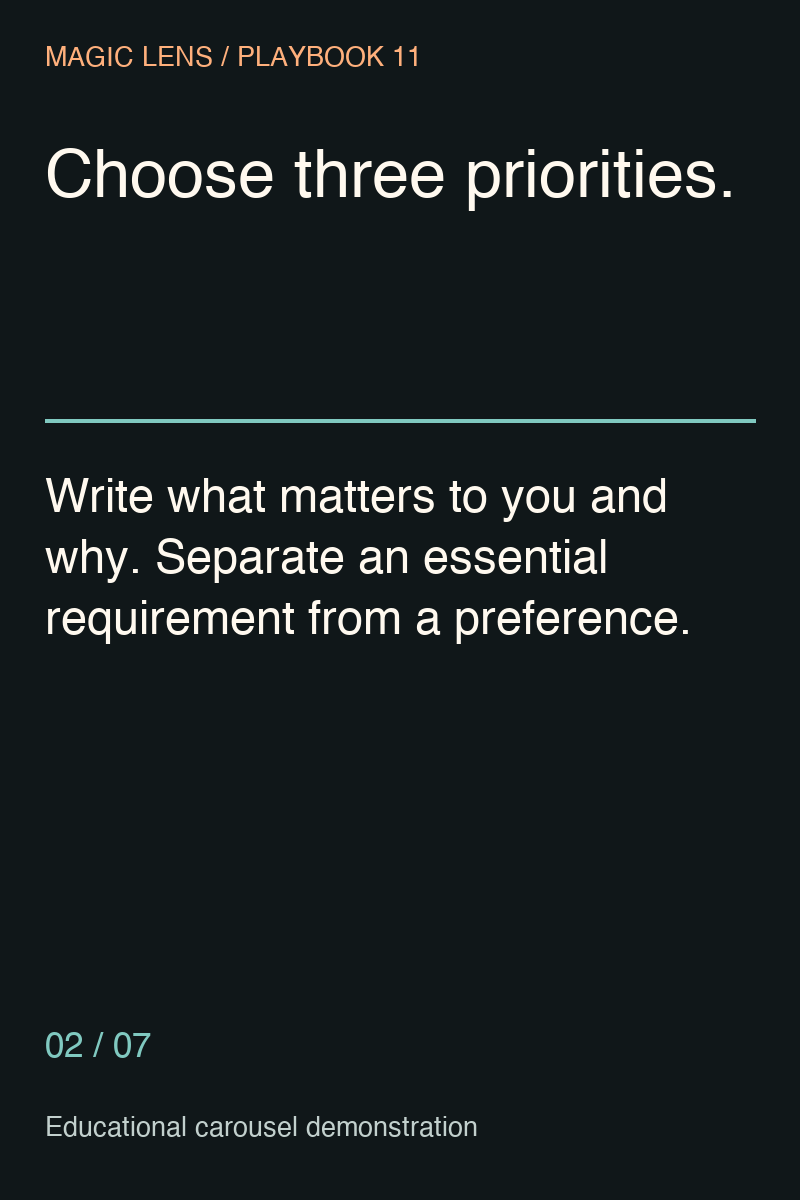 Slide 2: Choose three priorities and separate requirements from preferences.