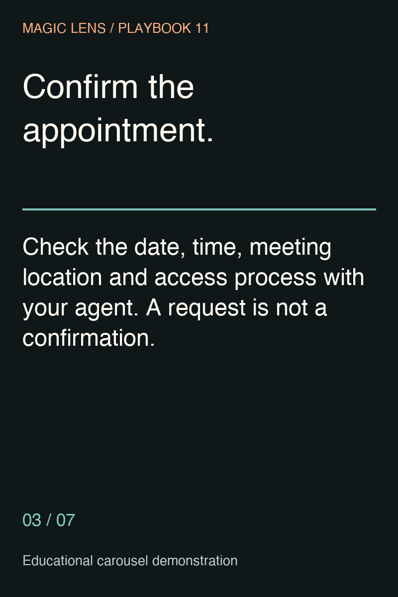 Slide 3: Confirm the appointment date, time, meeting location and access process.