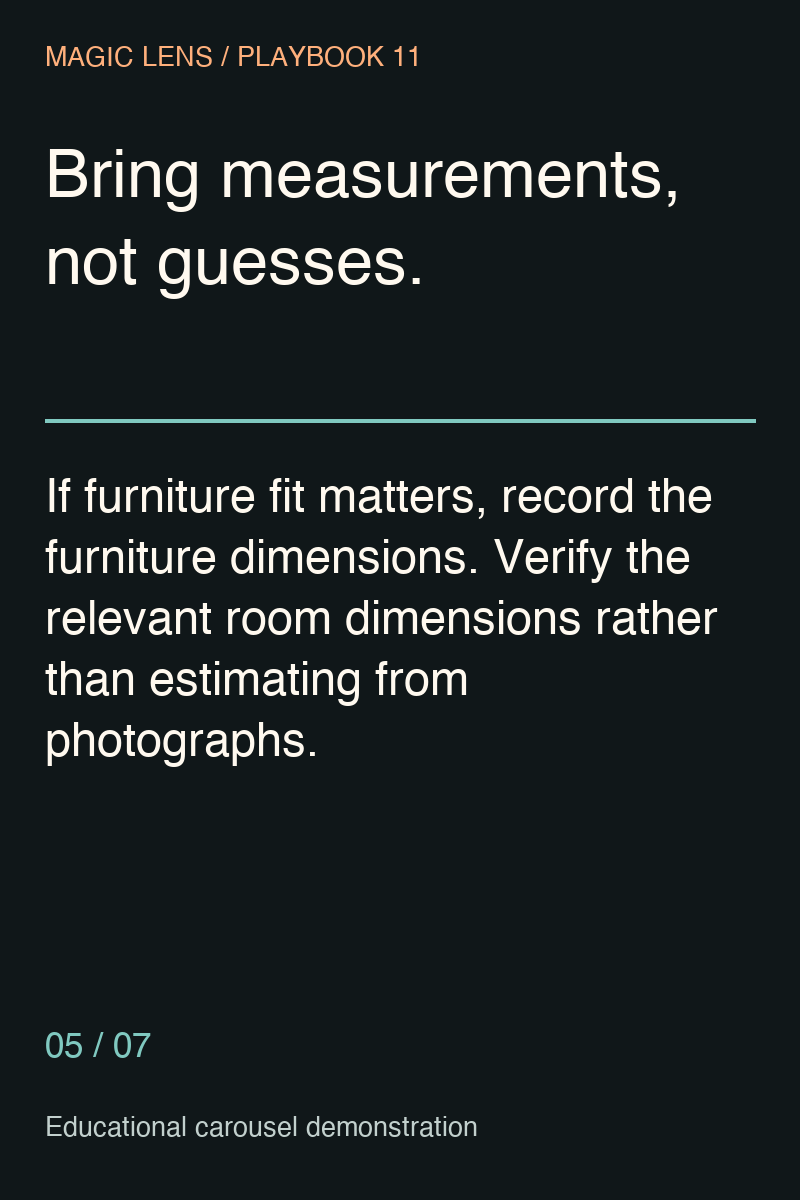 Slide 5: Prepare relevant furniture measurements and verify room dimensions.