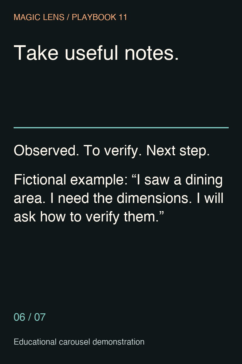 Slide 6: Record observed facts, questions to verify and next steps, with a labeled fictional example.