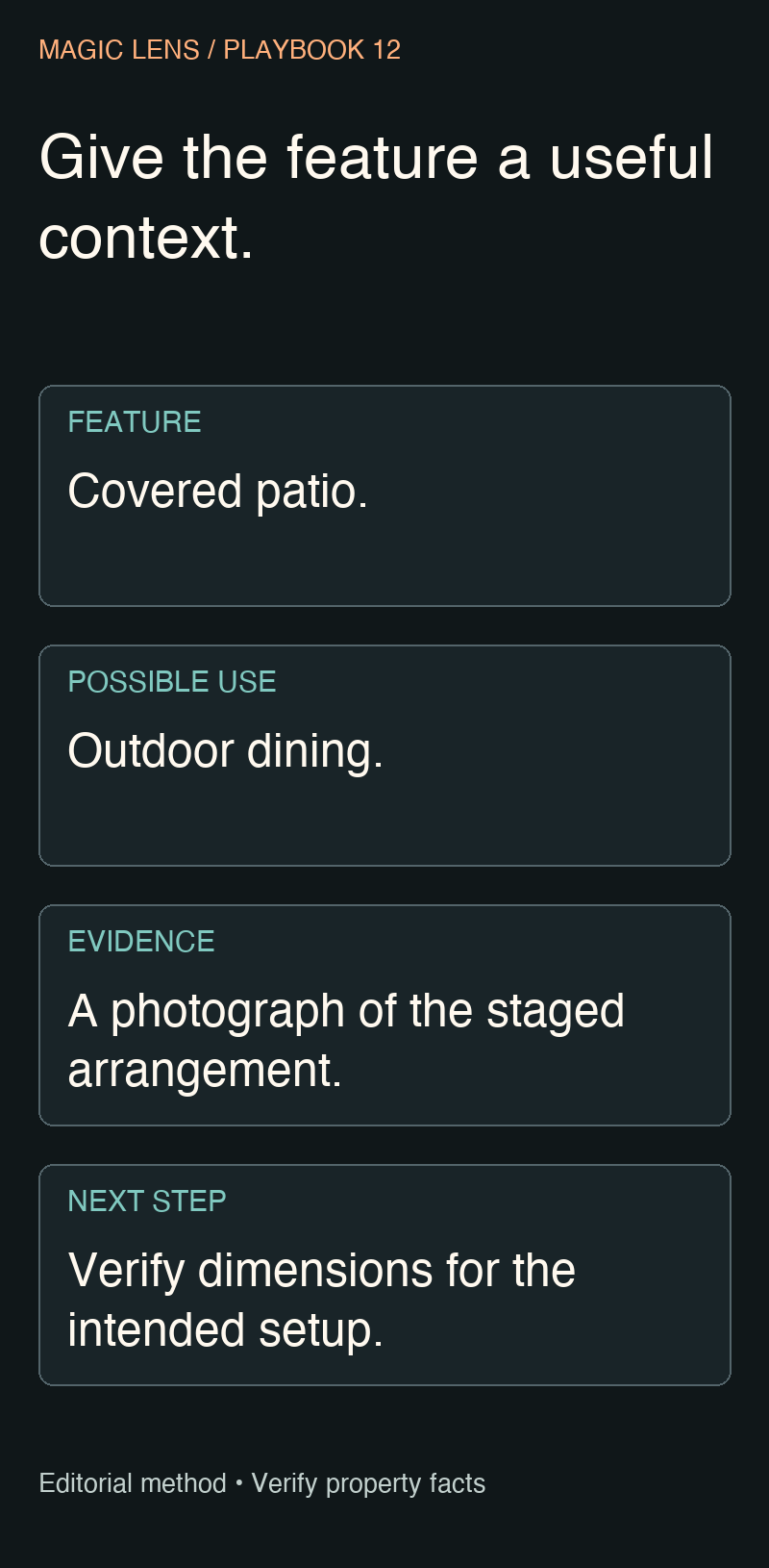 Four steps connect a covered patio feature to a possible dining use, visible evidence and dimensions to verify.