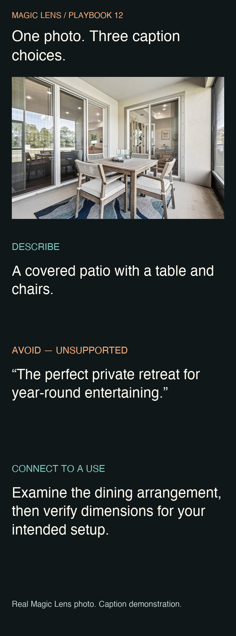A real covered-patio photograph with descriptive, unsupported and useful caption examples clearly labeled.