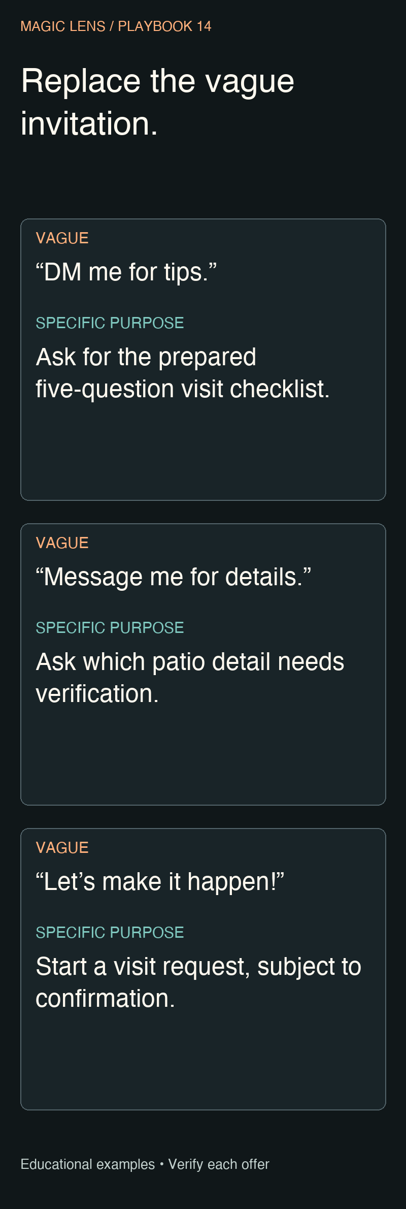 Three vague invitations replaced by specific purposes: a prepared visit checklist, clarification of a patio detail and a visit request subject to confirmation.