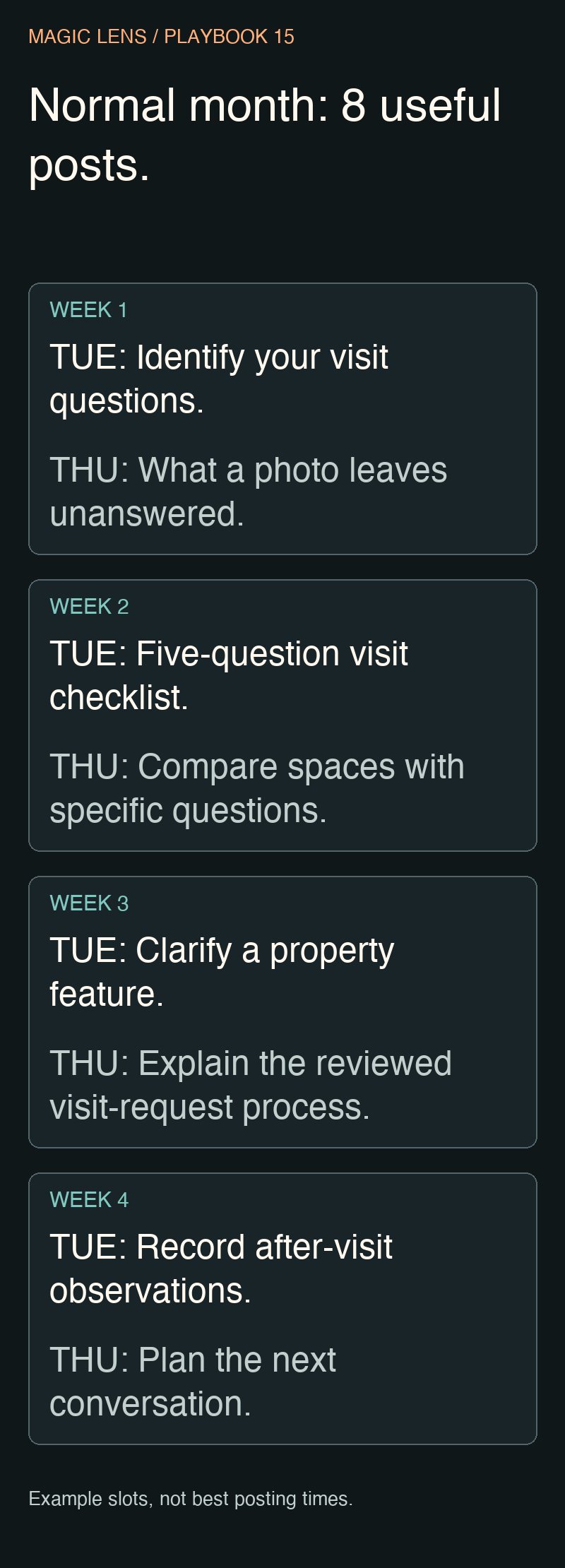 Four-week normal content calendar: two posts each week move from visit questions to observation, clarification and review.