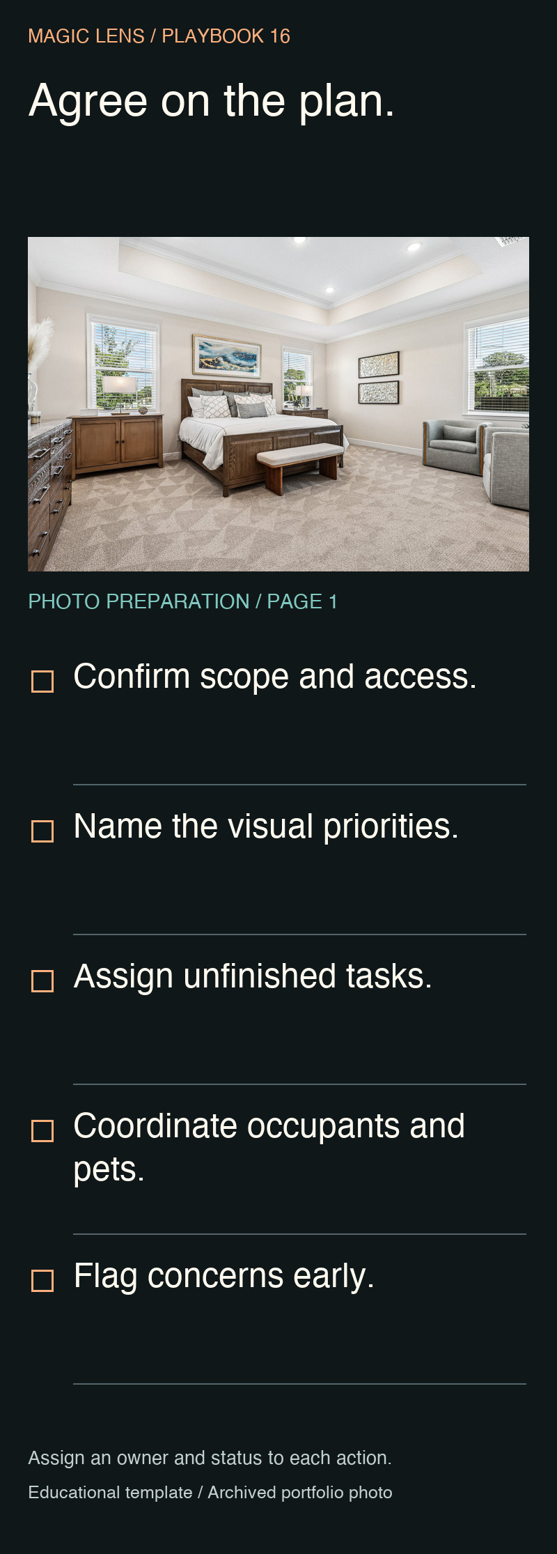 Photo-preparation checklist page one with a Magic Lens bedroom photo: confirm scope, priorities, unfinished tasks, occupants and concerns.