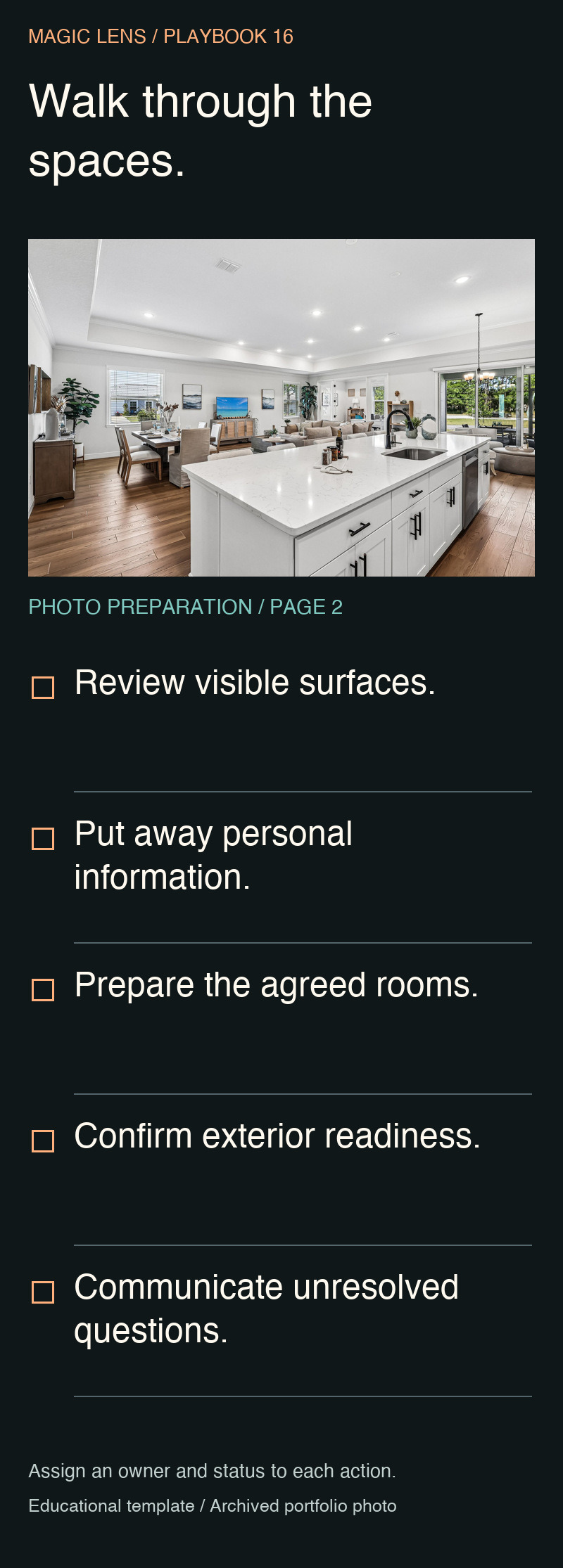 Photo-preparation checklist page two with a Magic Lens interior photo: surfaces, personal information, rooms, exterior readiness and final questions.