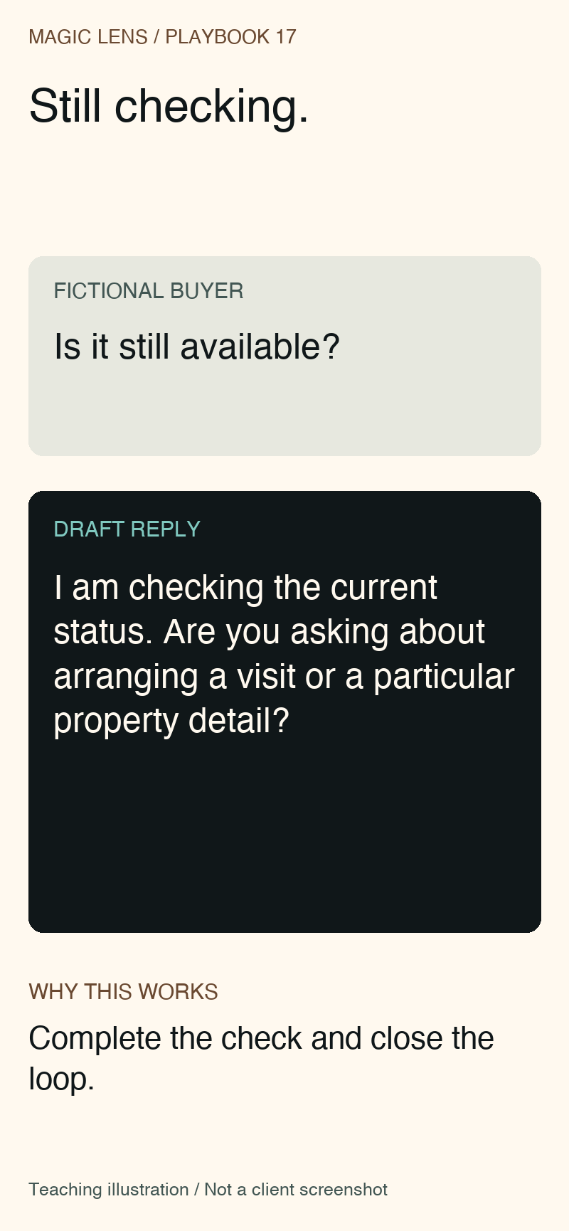 Fictional reply explaining that current property status is still being verified.