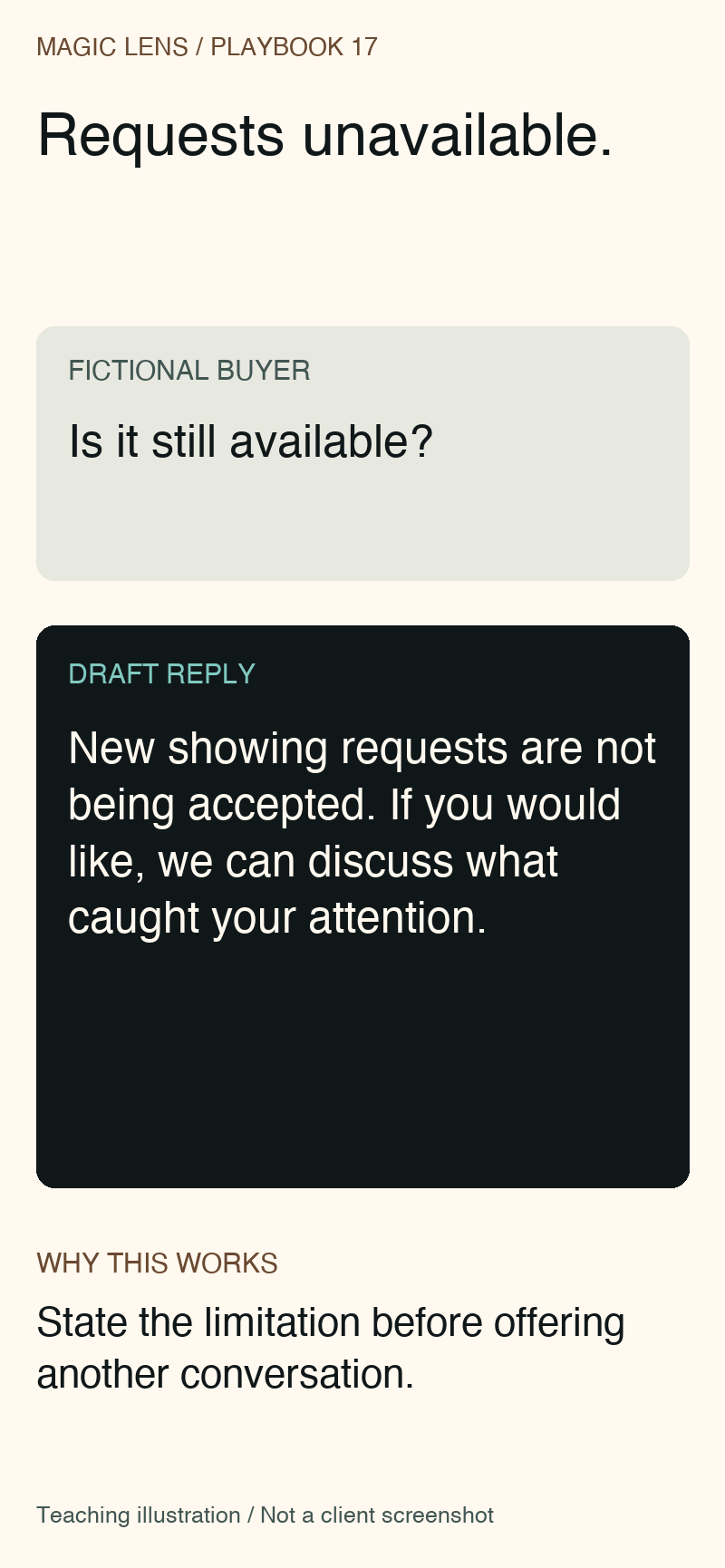 Fictional reply stating that new showing requests are not accepted and offering an optional conversation.