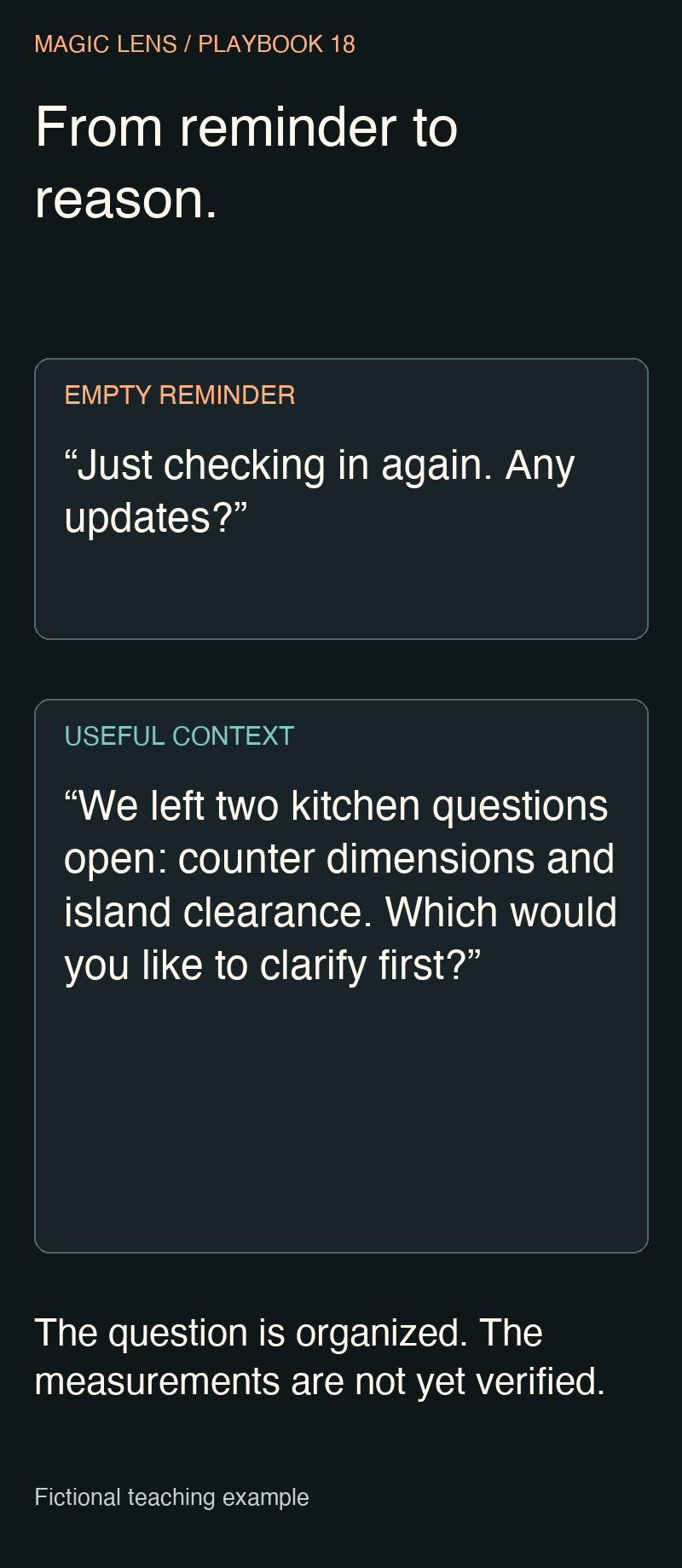An empty checking-in message compared with a fictional follow-up about two open kitchen questions.