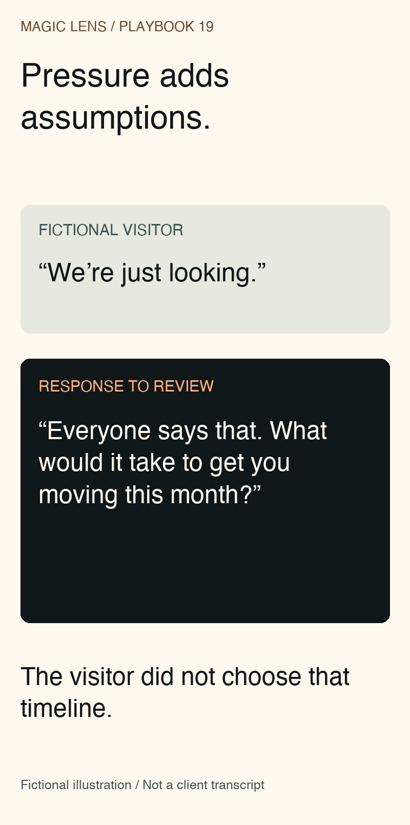 Fictional visitor says they are just looking; a pressuring reply adds an unsupported timeline.