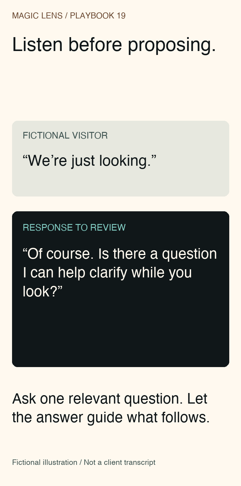Fictional visitor says they are just looking; a neutral reply asks whether there is a question to clarify.