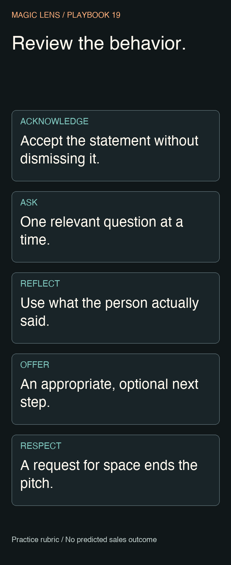 Five-part role-play rubric: acknowledge, ask, reflect, offer and respect.