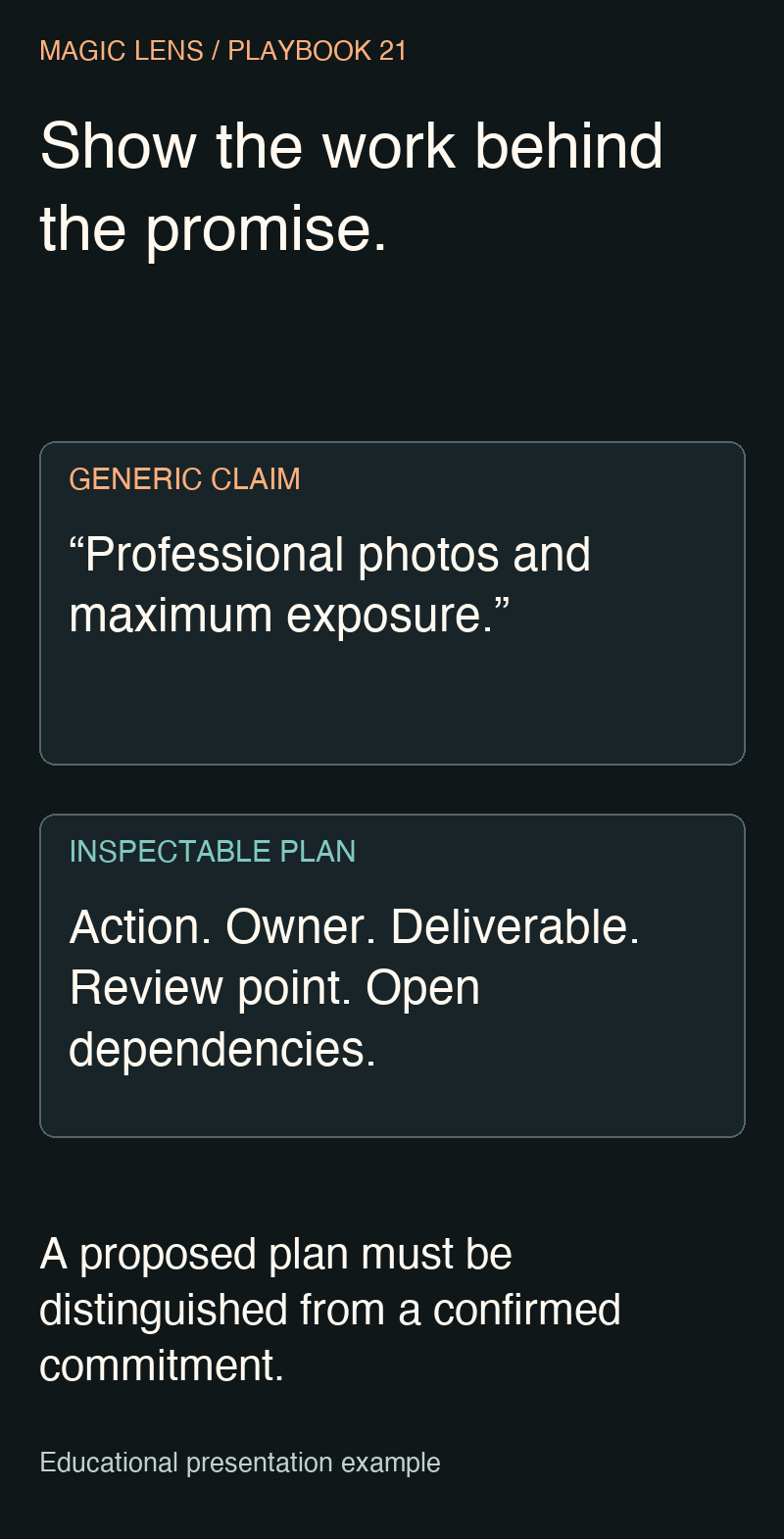 Generic marketing claim compared with a proposed plan containing action, owner, deliverable and review point