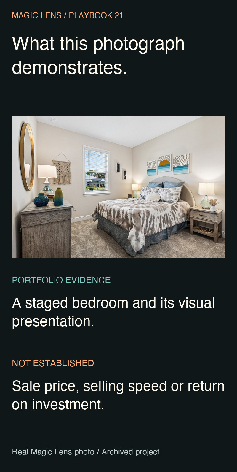 Real Magic Lens staged bedroom photograph, explaining what portfolio evidence can and cannot establish
