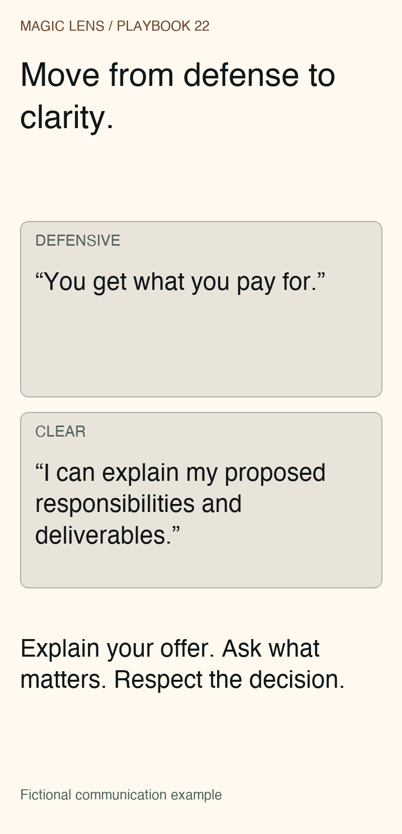 Fictional response comparison: a defensive price statement versus an offer to explain responsibilities and deliverables