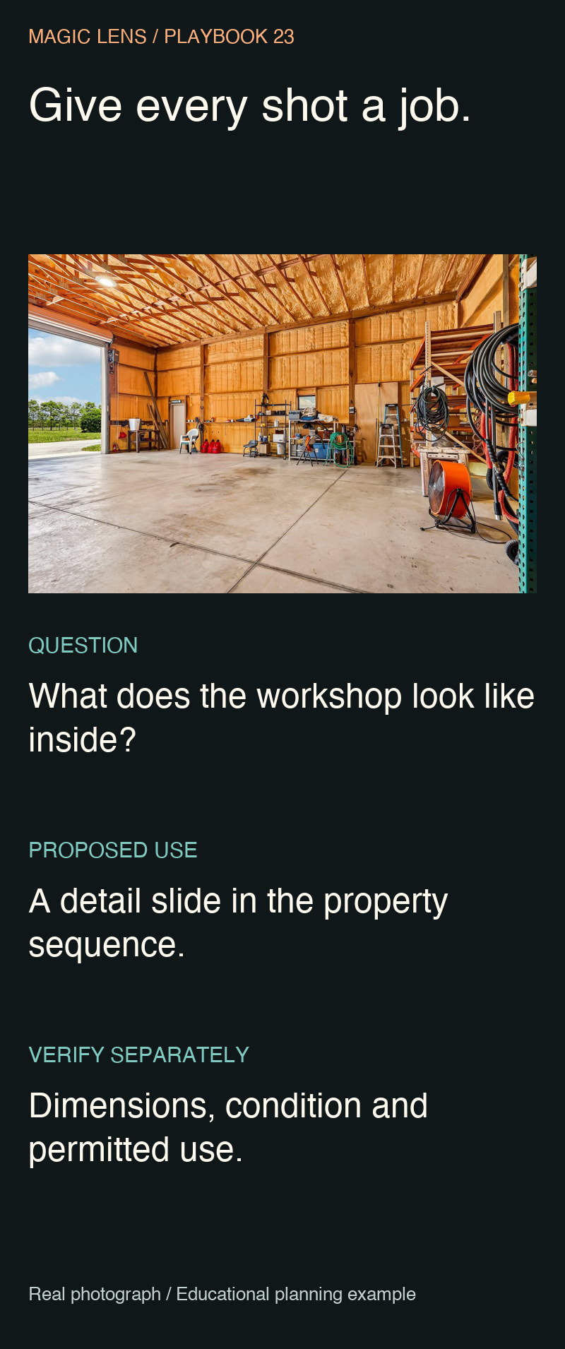 Workshop interior photograph with a proposed shot purpose and facts requiring separate verification