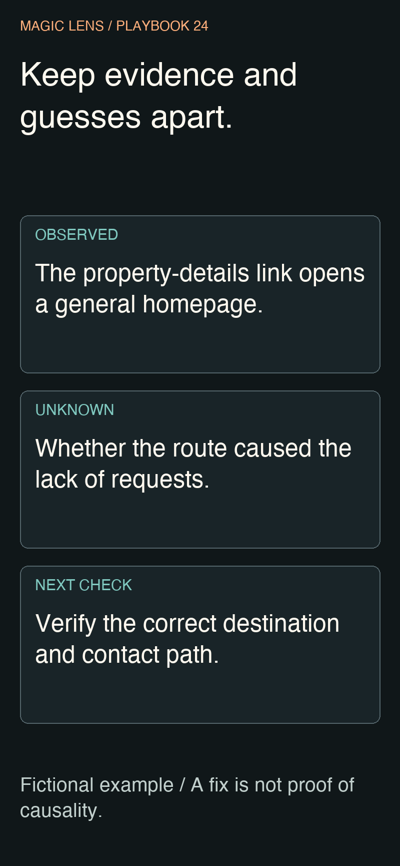 Fictional diagnostic example separating an observed link mismatch, an unknown cause and a next check