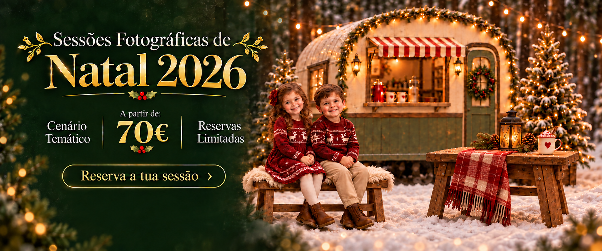 Flyer ilustrativo Natal 2026: menina e menino num banco de madeira junto à roulotte de chocolate quente, com luzes e árvores de Natal. Sessões desde 70 euros.