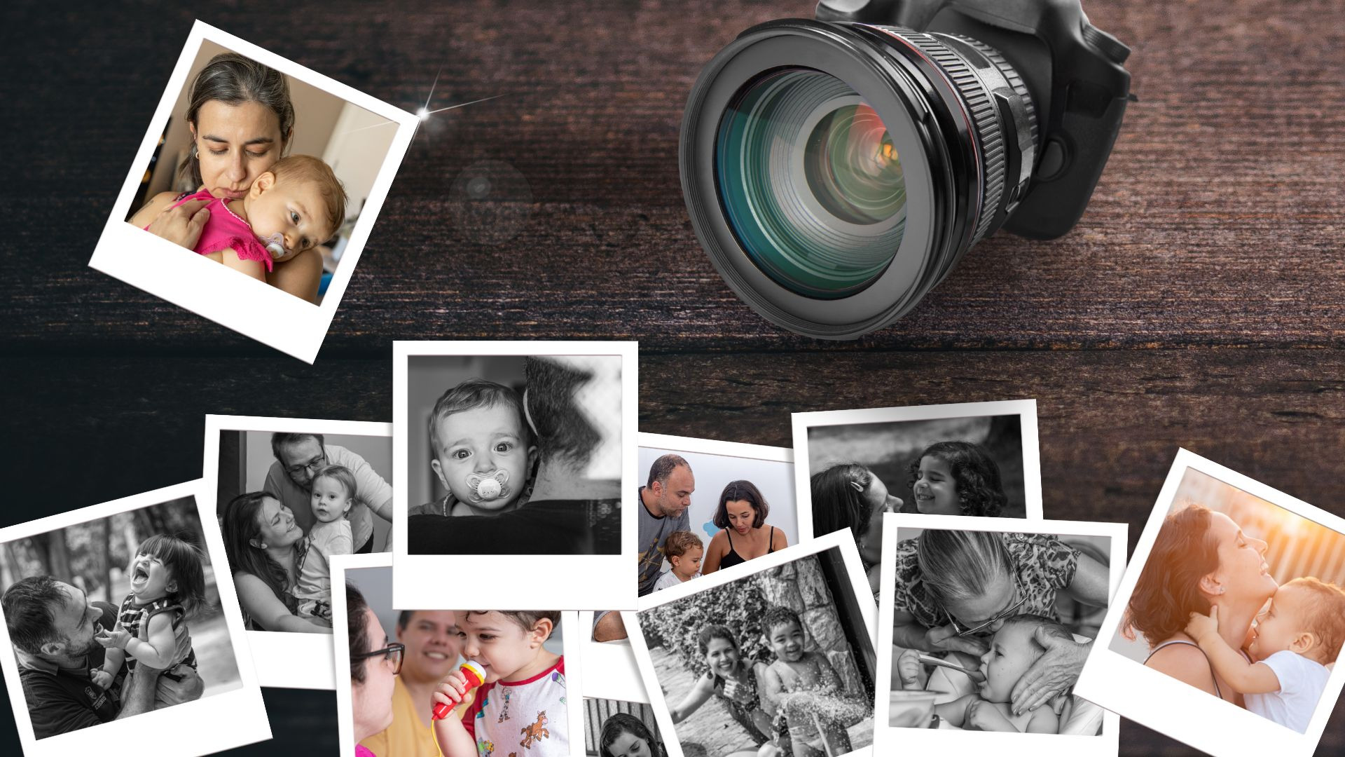 Fotografia de famílias: câmera e fotos sobre a mesa