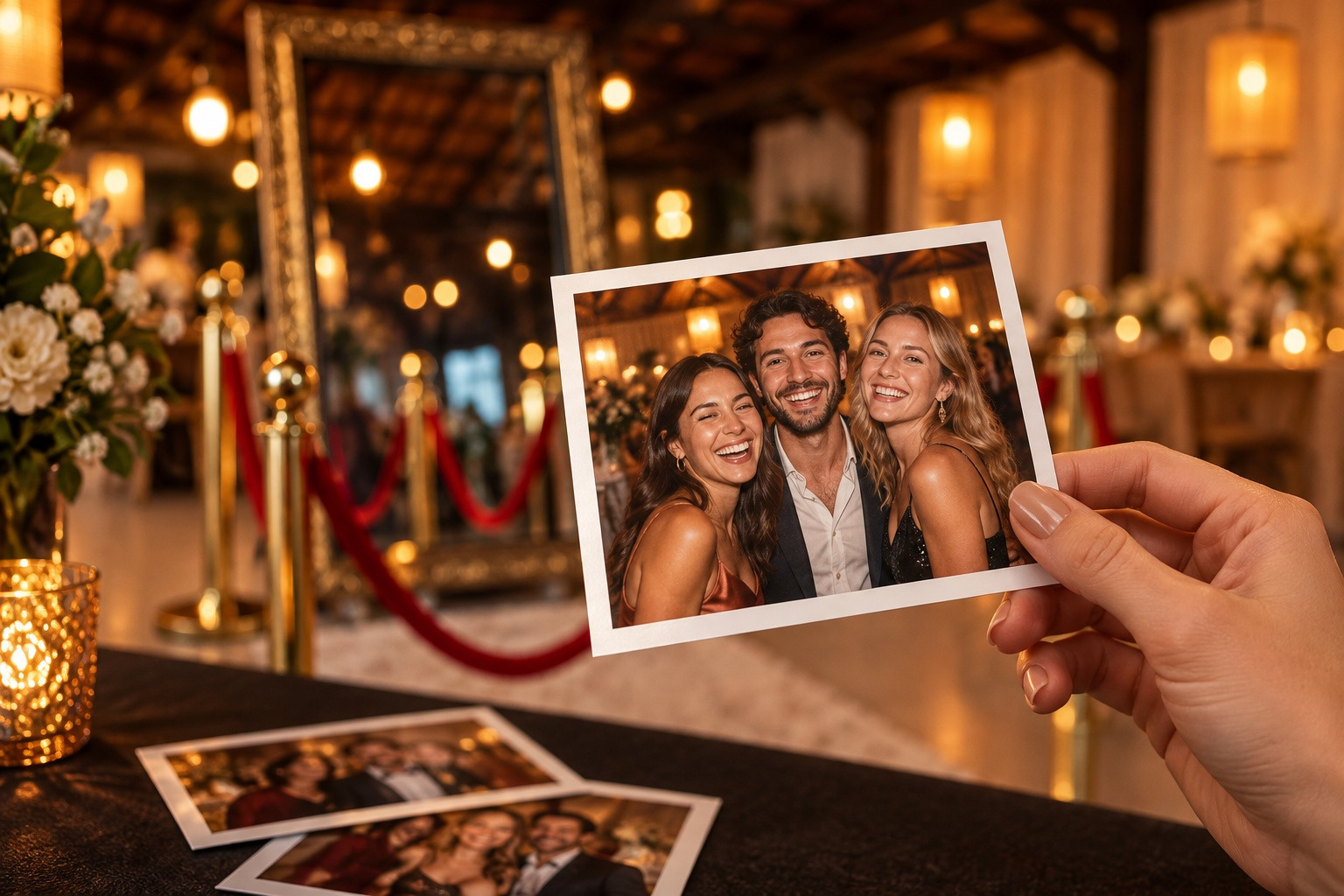Ilustração promocional criada com IA: mão segurando uma foto impressa, com o Espelho Mágico ao fundo