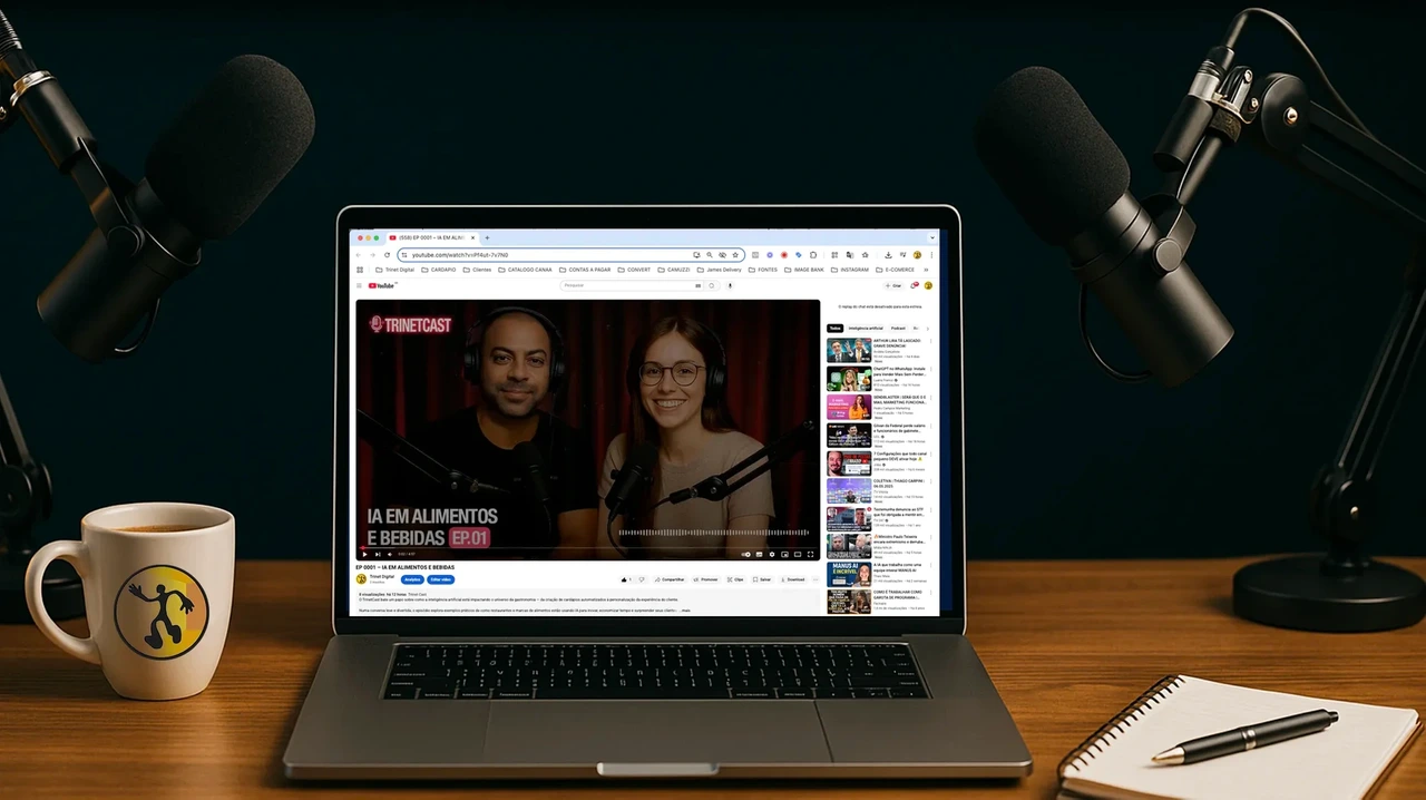 Estúdio de Podcast moderno com microfones, café e notebook com logo da Trinet Digital