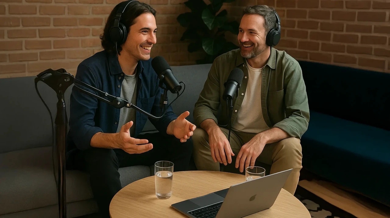 Convidados do podcast em conversa descontraída com convidado em ambiente informal