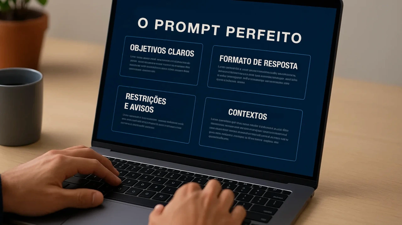 Representação visual de uma pessoa digitando um prompt detalhado em um laptop, com elementos gráficos destacando os quatro componentes principais do prompt.