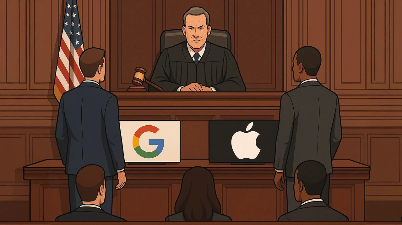 Representação de um tribunal com os logotipos do Google e da Apple em destaque.