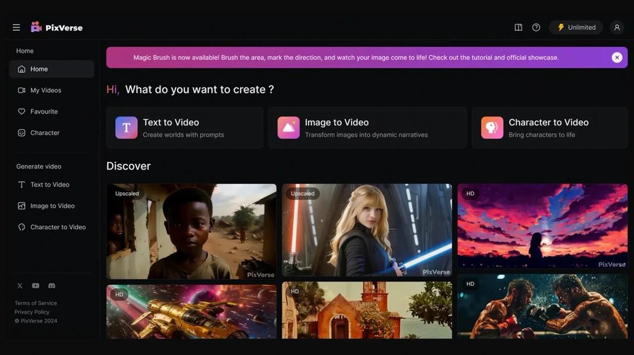 Interface intuitiva do PixVerse V4.5 facilita a criação de vídeos com IA.