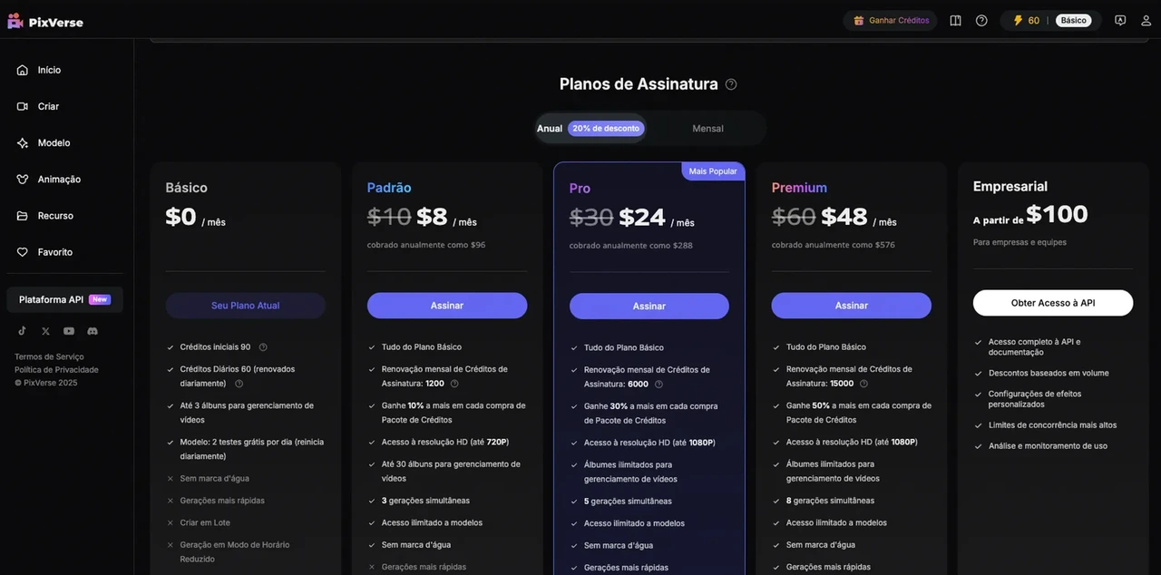 Comparativos de Planos do PixVerse