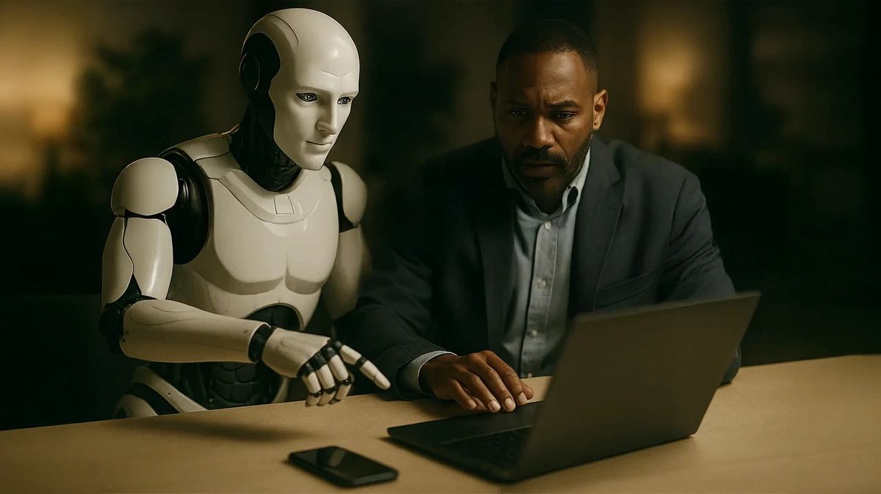 Homem e robô trabalhando juntos em um laptop.